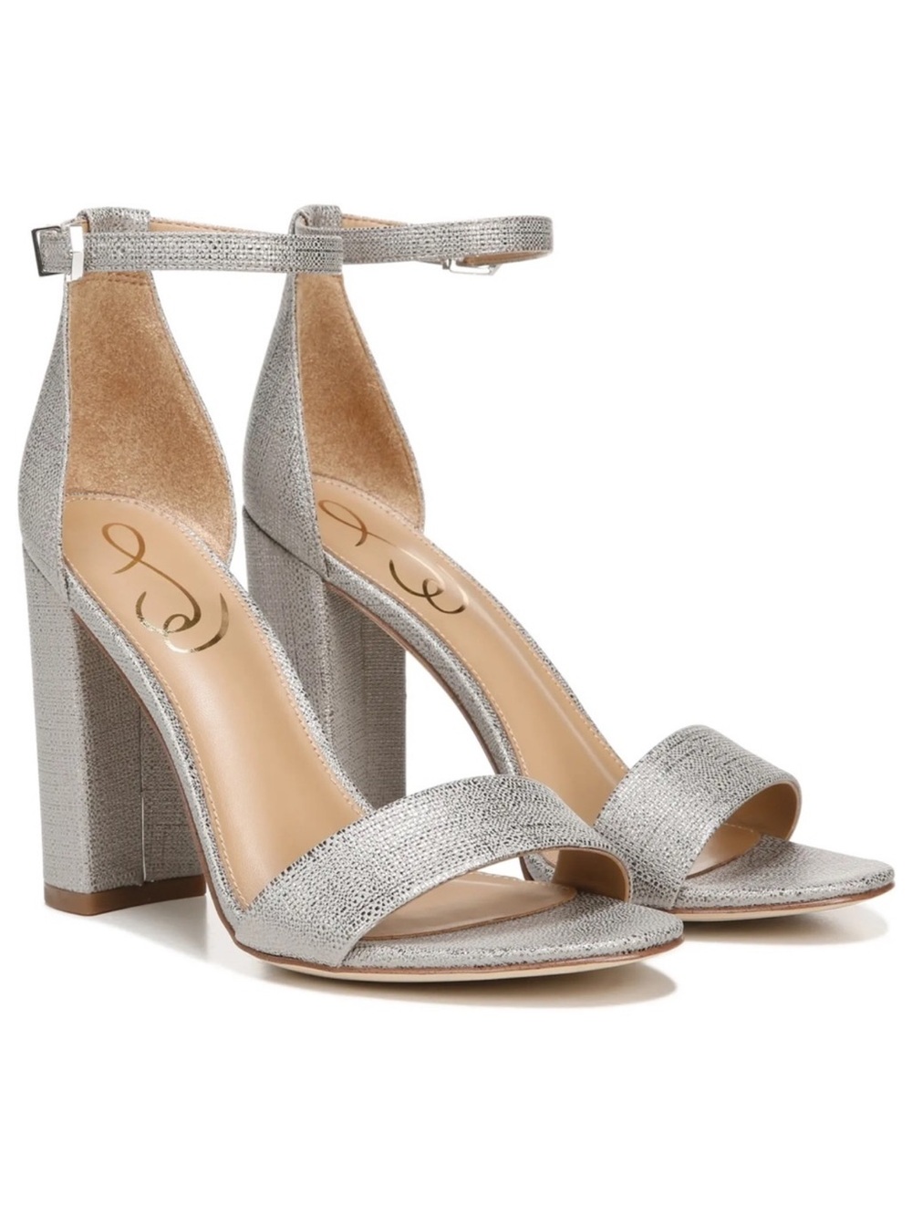 SAM EDELMAN Heels Yaro Ankle Strap Sandal Chunky Heel Metallic Pewter Silver NIB